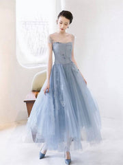 Blue round neck tulle lace short prom dress, blue homecoming dress - RongMoon