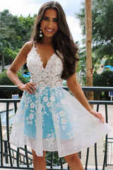 Blue v neck tulle lace short prom dress blue homecoming dress - RongMoon