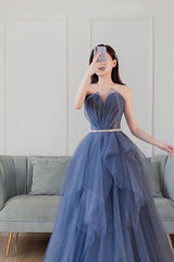 Blue sweetheart neck tulle long prom dress blue tulle formal dress - RongMoon