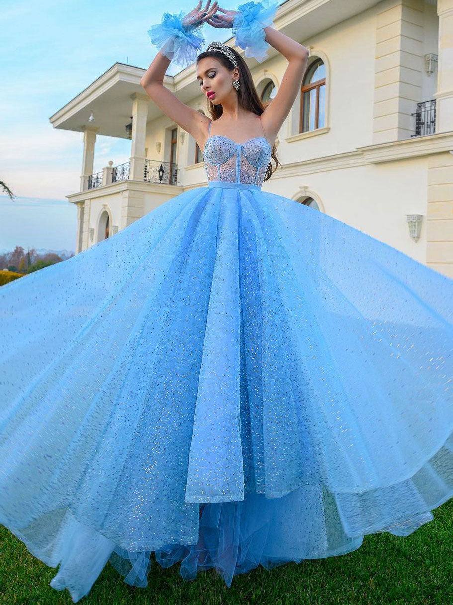 Blue sweetheart neck tulle sequin long prom dress, blue evening dress - RongMoon