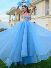 Blue sweetheart neck tulle sequin long prom dress, blue evening dress - RongMoon