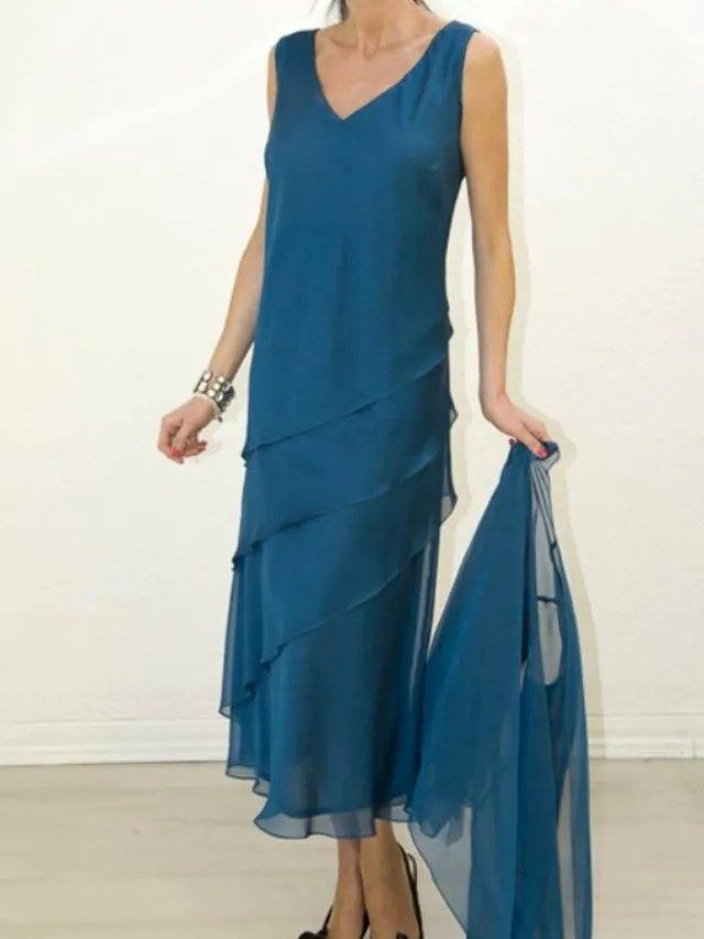 Two Piece Sheath / Column Mother of the Bride Dress Elegant V Neck Tea Length Chiffon Long Sleeve with Ruffles - RongMoon