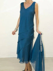 Two Piece Sheath / Column Mother of the Bride Dress Elegant V Neck Tea Length Chiffon Long Sleeve with Ruffles - RongMoon