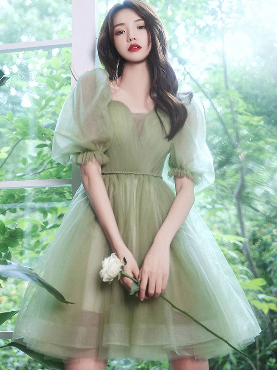 Green tulle short prom dress, green tulle homecoming dress - RongMoon