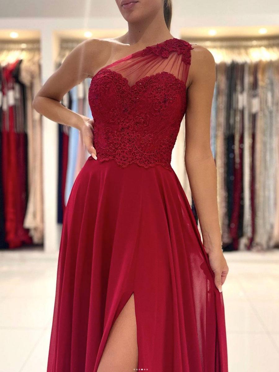 Red one shoulder chiffon lace long prom dress, red evening dress - RongMoon