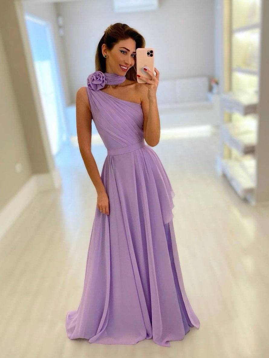 Simple purple one shoulder chiffon long prom dress, purple evening dress - RongMoon