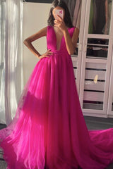 Plum red v neck tulle long prom dress tulle formal dress