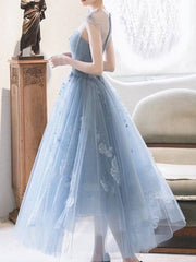 Blue round neck tulle lace short prom dress, blue homecoming dress - RongMoon