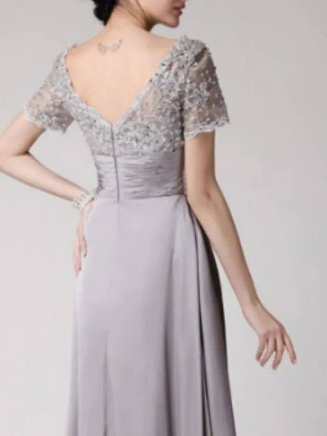 A-Line Mother of the Bride Dress Elegant Square Neck Floor Length Lace Charmeuse Short Sleeve with Lace Sash / Ribbon Beading - RongMoon