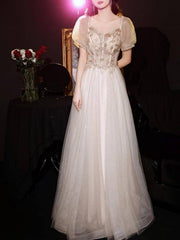 A-Line Luxurious Princess Engagement Prom Dress Off Shoulder Short Sleeve Floor Length Tulle with Appliques - RongMoon