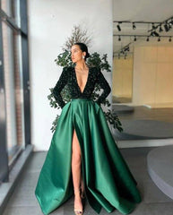 Elegant Satin Evening Dresses Long Sparkle Sequined Sexy Deep V Neck Side Slit Formal Prom Gown Simple Ruched Robe de soiree - RongMoon