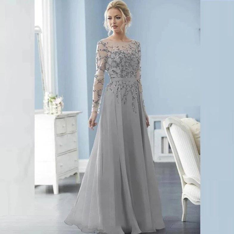 Silver Mother Of The Bride Dresses A-line Long Sleeves Chiffon Beaded Backless Plus Size Long Groom Mother Dresses Wedding - RongMoon
