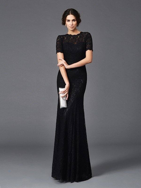 Sheath/Column Jewel Lace Short Sleeves Long Elastic Woven Satin Mother of the Bride Dresses - RongMoon