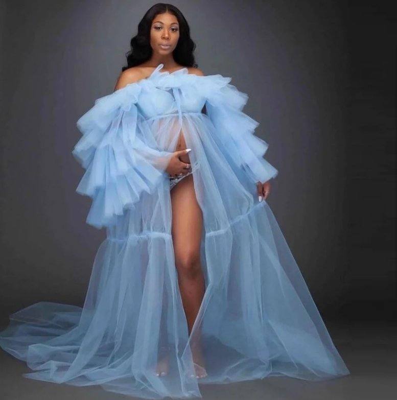 Sky Blue South African Prom Dresses A-line Off The Shoulder Tulle Slit Sexy Dubai Saudi Arabic Long Prom Gown Evening Dresses - RongMoon