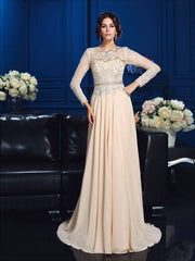 A-Line/Princess Scoop Beading Long Sleeves Long Chiffon Mother of the Bride Dresses - RongMoon