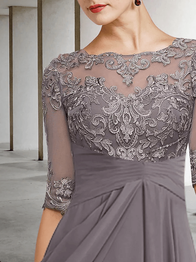 A-Line Mother of the Bride Dress Plus Size Elegant High Low V Neck Asymmetrical Ankle Length Chiffon Lace Half Sleeve - RongMoon