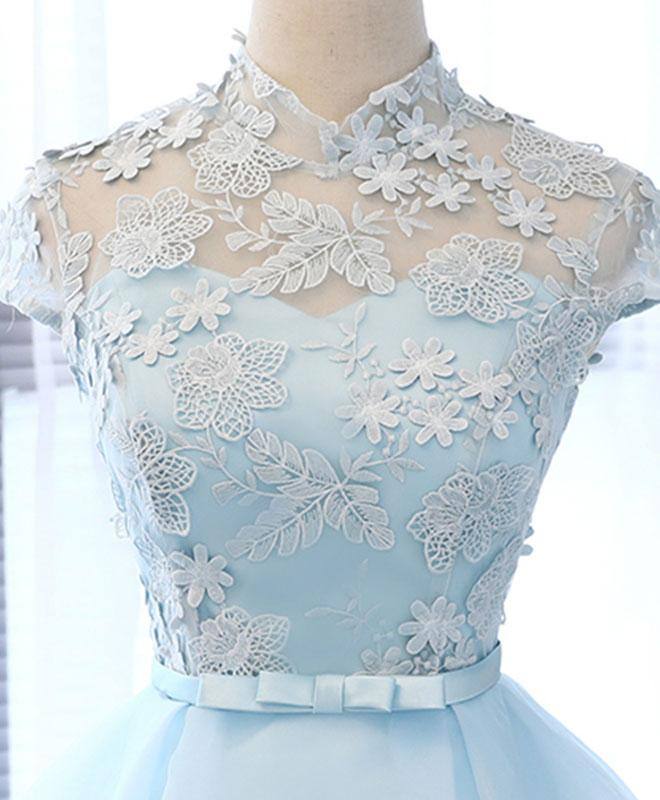 Blue tulle lace short prom dress, blue tulle lace homecoming dress - RongMoon