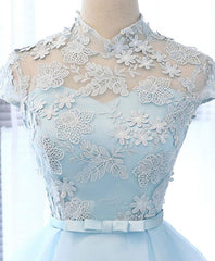 Blue tulle lace short prom dress, blue tulle lace homecoming dress - RongMoon