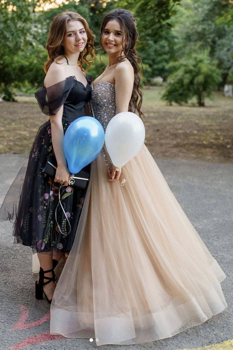 Champagne sweetheart tulle sequin beads long prom dress, formal dress - RongMoon