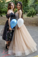 Champagne sweetheart tulle sequin beads long prom dress, formal dress - RongMoon