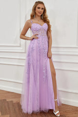 Off The Shoulder Lavender Appliques Prom Dress With Slit