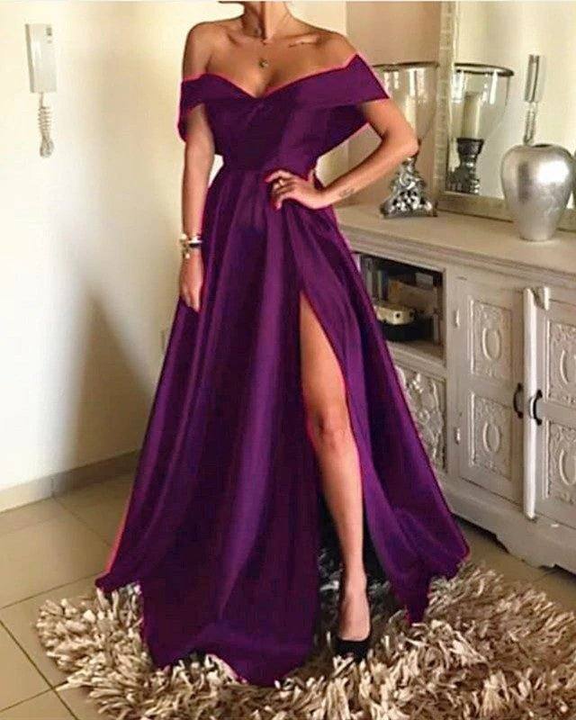 Sexy Off The Shoulder V Neck Long Split Gown - RongMoon