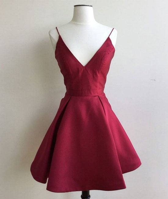 Simple v neck burgundy short prom dress, burgundy homecoming dress - RongMoon