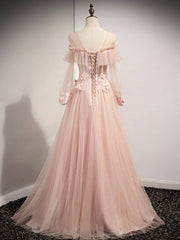 Pink round neck tulle lace long prom dress, pink lace bridesmaid dress - RongMoon