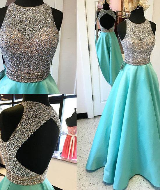 Green Round Neck Sequin Backless Long Prom Dress, Evening Dress - RongMoon