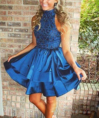 Blue high neck sequin beaded short prom dress, cute homecoming dress - RongMoon