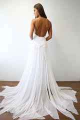 White lace chiffon long prom dress, white lace wedding dress - RongMoon