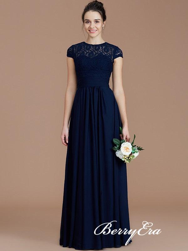 Navy Illusion A-line Lace Chiffon Long Bridesmaid Dresses - RongMoon