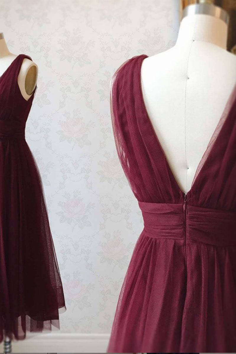 Simple burgundy tulle prom dress tulle burgundy formal dress - RongMoon