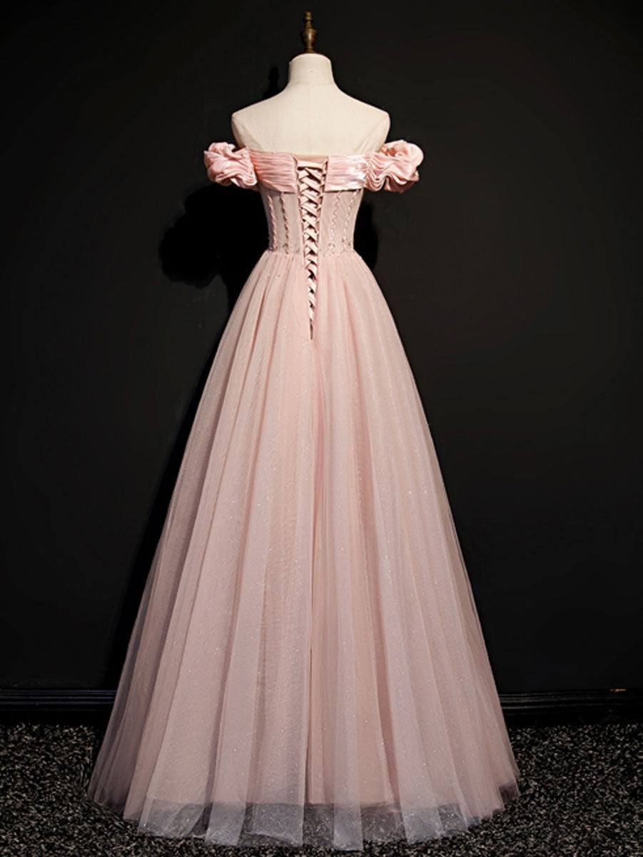 Pink tulle off shoulder long prom dress, pink tulle formal dress - RongMoon
