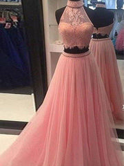 A-Line/Princess Sleeveless High Neck Tulle Lace Floor-Length Two Piece Dresses - RongMoon