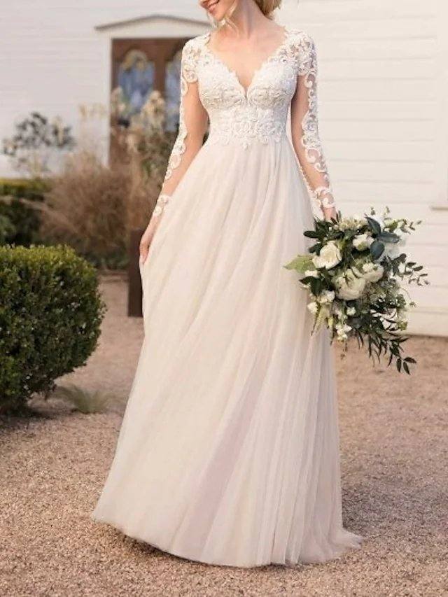 A-Line Wedding Dresses V Neck Floor Length Lace Tulle Long Sleeve Beach Boho See-Through Backless Illusion Sleeve with Lace - RongMoon