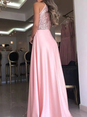 A-Line Glittering Sexy Wedding Guest Prom Dress Halter Neck Sleeveless Floor Length Charmeuse with Sequin Split - RongMoon