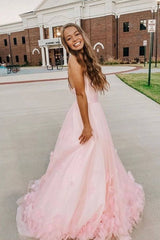Pink tulle applique long prom dress pink tulle formal dress - RongMoon