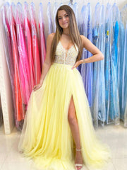 Yellow v neck sequin long prom dress, yellow evening dress - RongMoon
