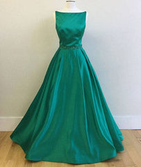 Green satin long prom dress, green evening dress - RongMoon