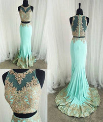 Cute two pieces green lace mermaid long prom dress, evening dress - RongMoon