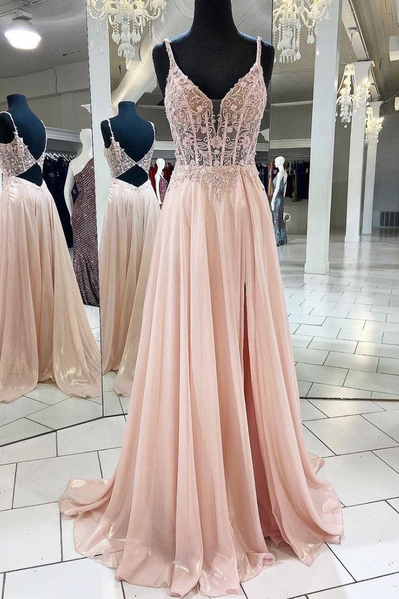 Pink v neck lace chiffon long prom dress, pink formal dress - RongMoon