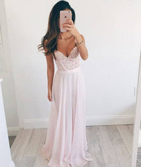 Pink Sweetheart A-line chiffon lace long prom dress, formal dress - RongMoon