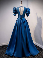 Blue v neck satin long prom dress blue satin evening dress - RongMoon