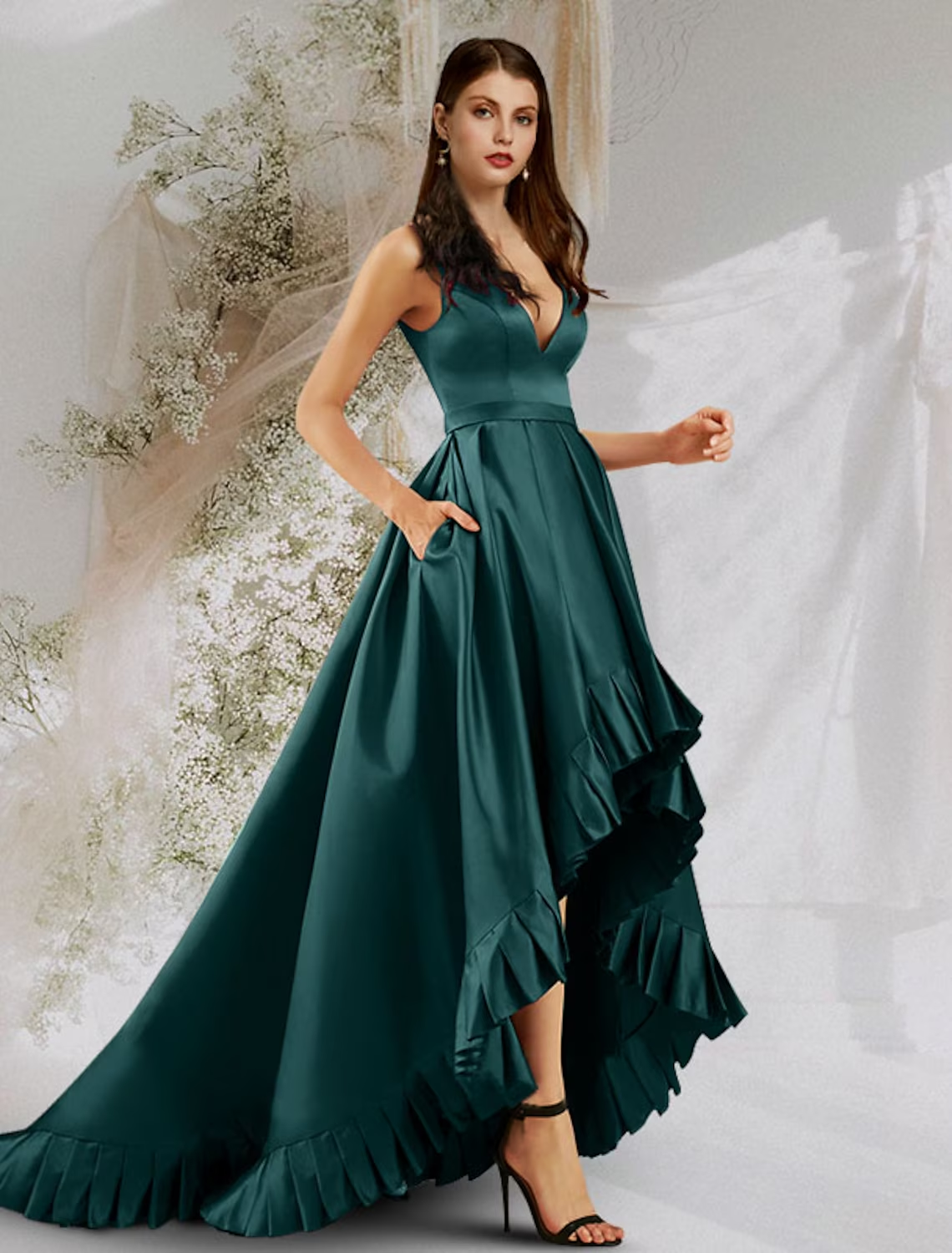 A-Line Prom Dresses Minimalist Dress Prom Court Train Sleeveless V Neck Pocket Satin with Ruffles Pocket