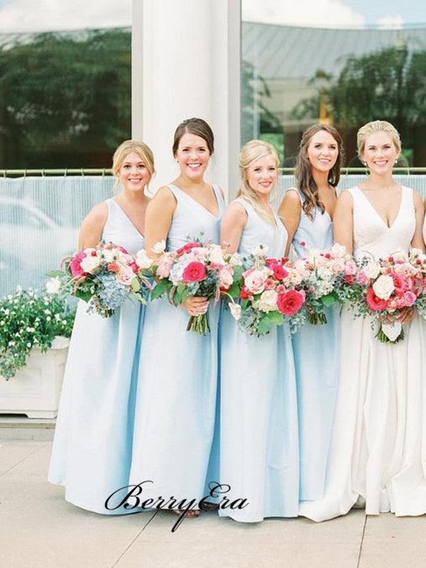 Light Blue A-line Bridesmaid Dresses, A-line V neck Bridesmaid Dresses - RongMoon