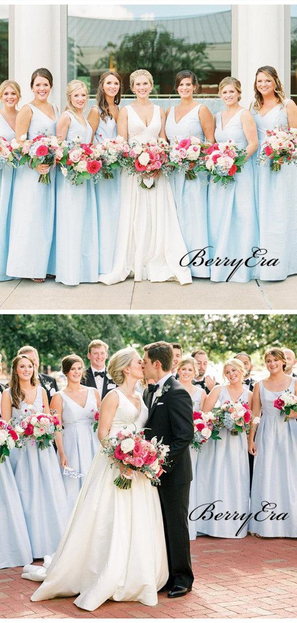 Light Blue A-line Bridesmaid Dresses, A-line V neck Bridesmaid Dresses - RongMoon