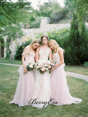 Light Pink Off Shoulder Bridesmaid Dresses, Tulle A-line Bridesmaid Dresses - RongMoon