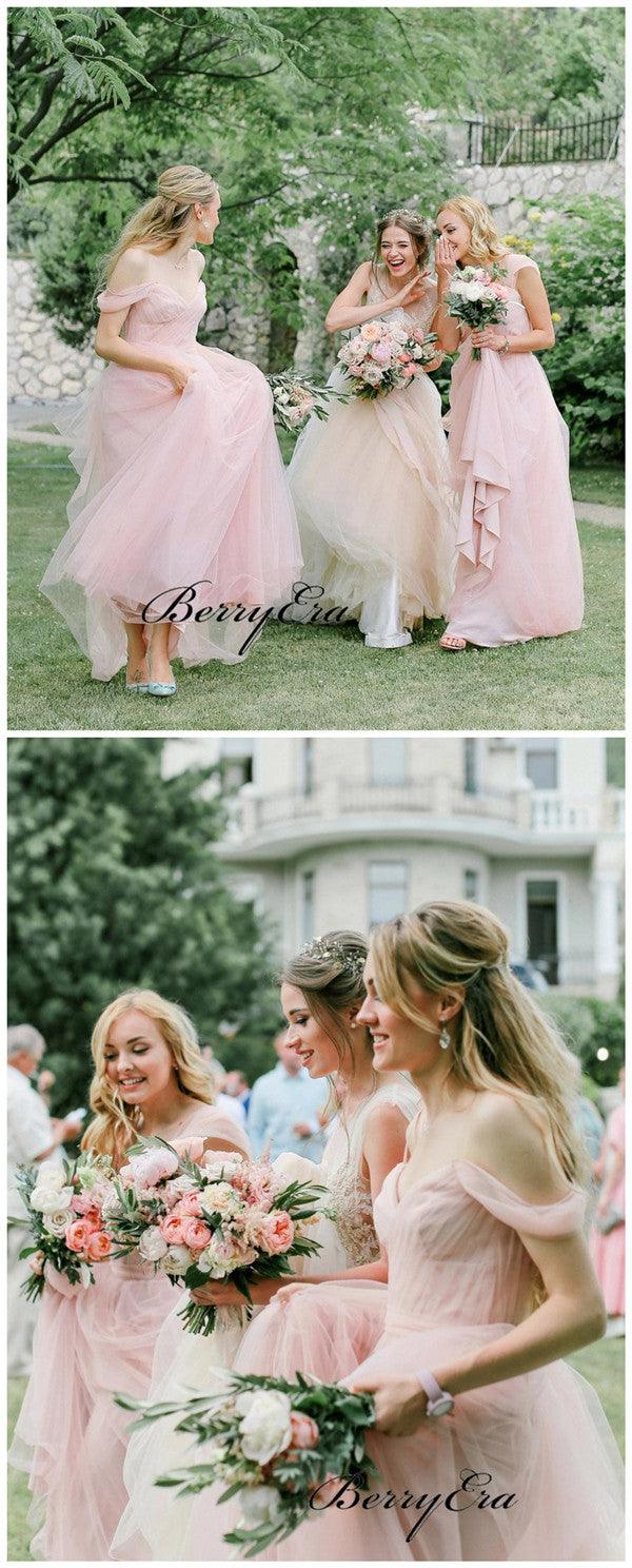 Light Pink Off Shoulder Bridesmaid Dresses, Tulle A-line Bridesmaid Dresses - RongMoon