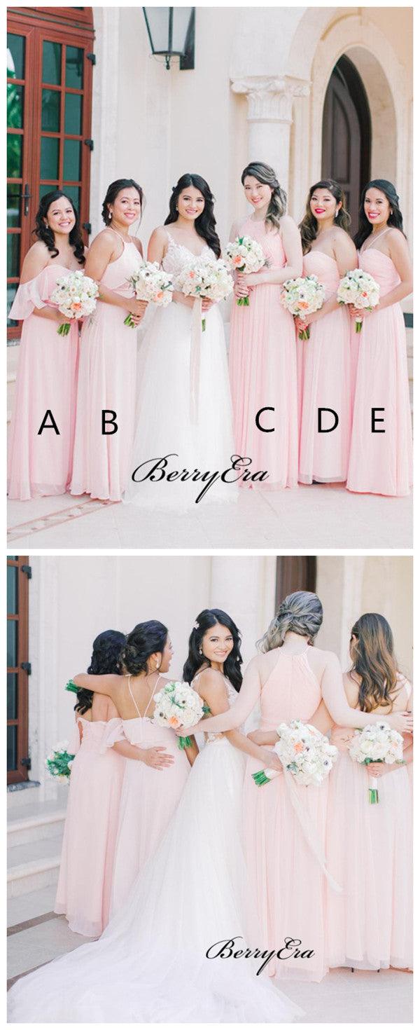 Pink Color Mismatched Bridesmaid Dresses, Chiffon Wedding Guest Dresses - RongMoon